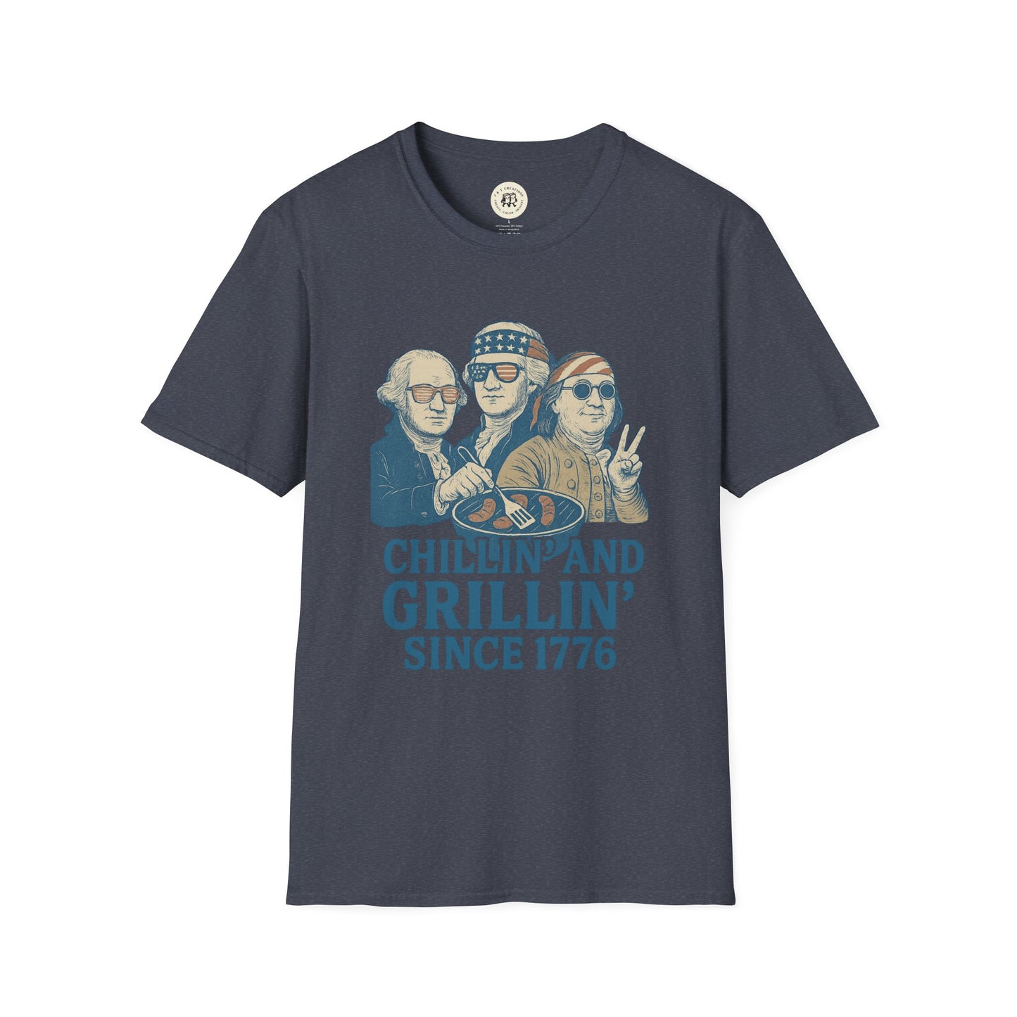 Printify vintage 4th of July t-shirt with cartoon colonial figures grilling and chillin design