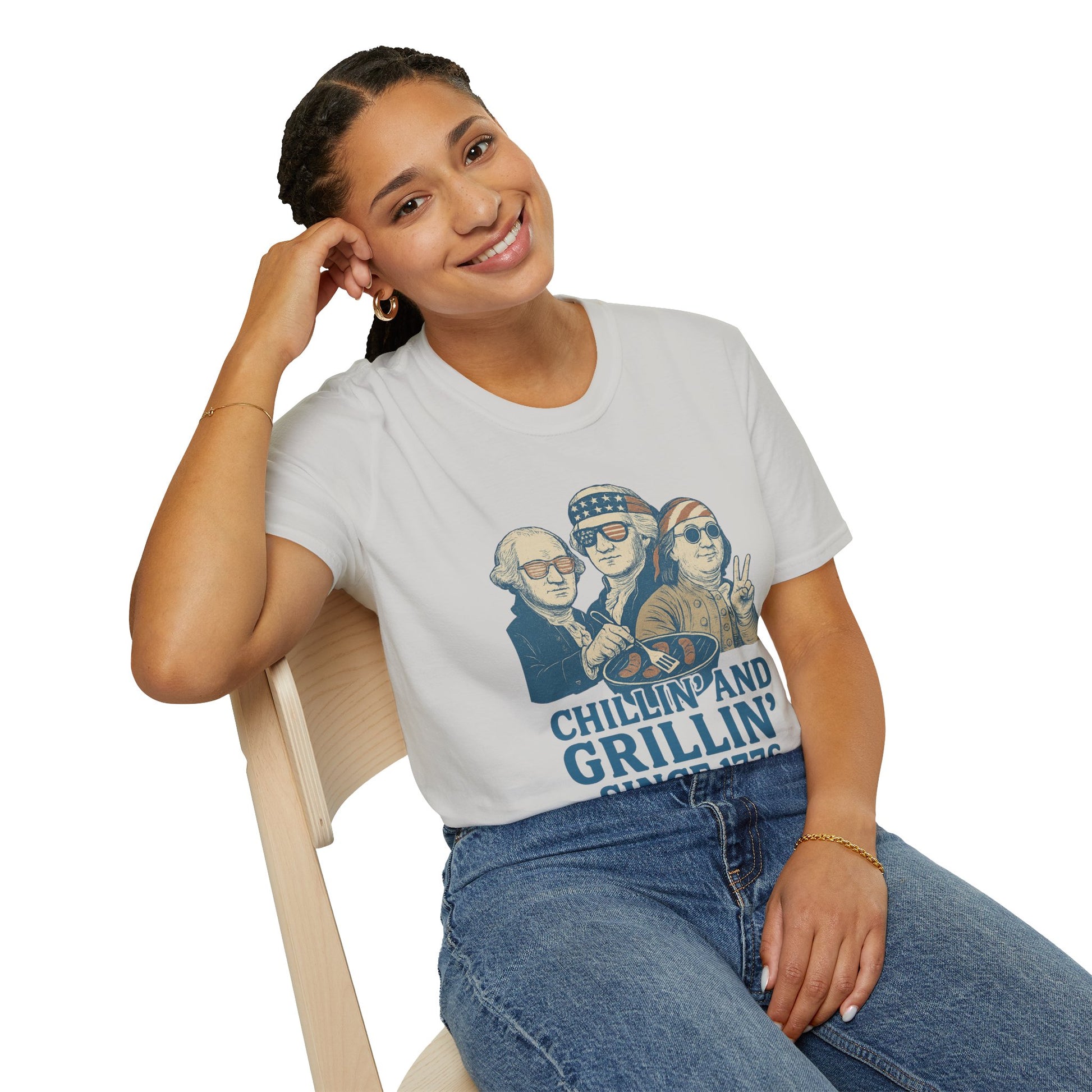 Woman wearing a vintage 4th of July t-shirt with Chillin and Grillin graphic by Printify