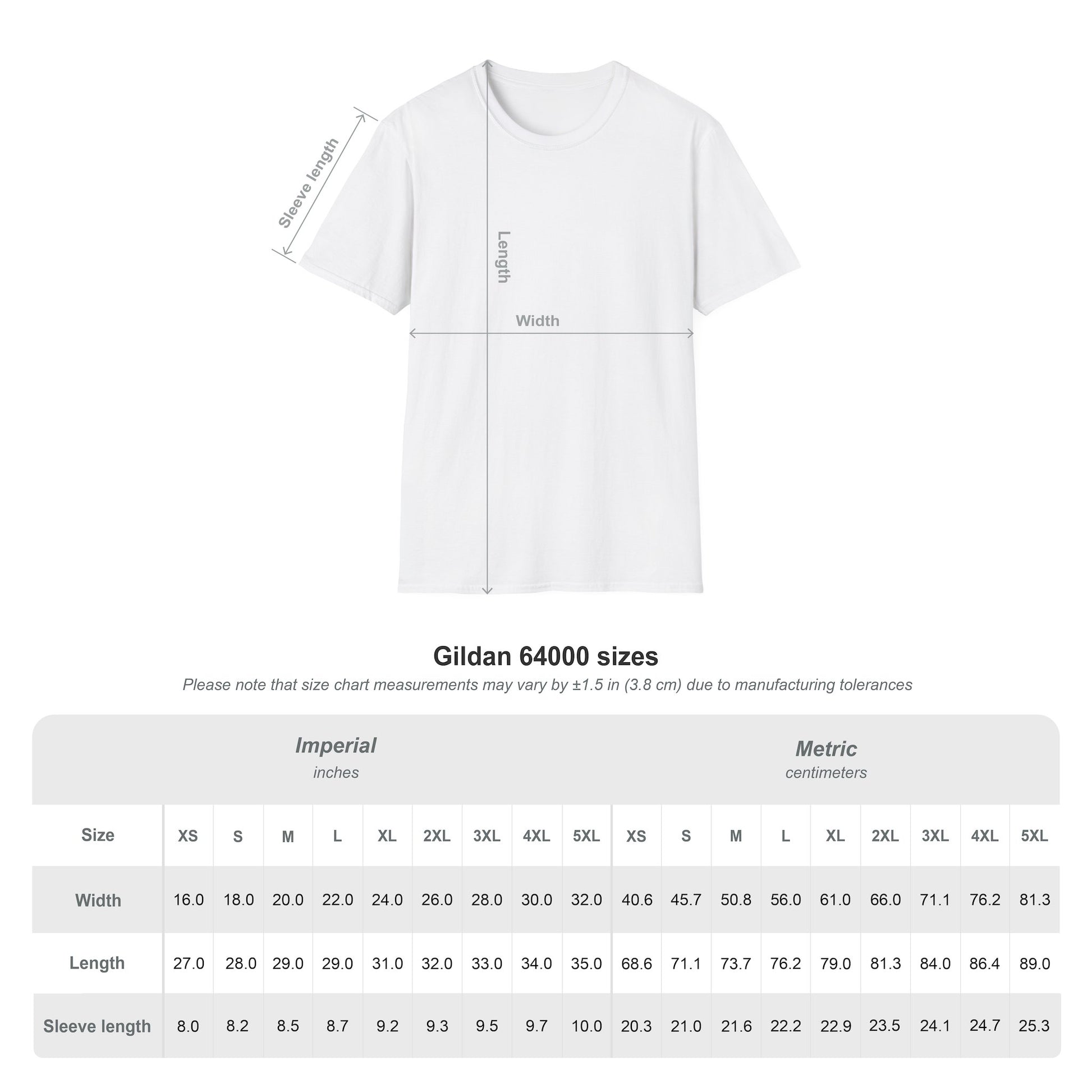 White blank t-shirt template showing size measurements for vintage 4th of July t-shirt Printify product