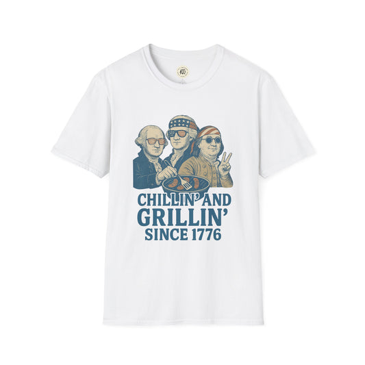 Printify white vintage 4th of July t-shirt with patriotic graphic and chillin and grillin since 1776 text