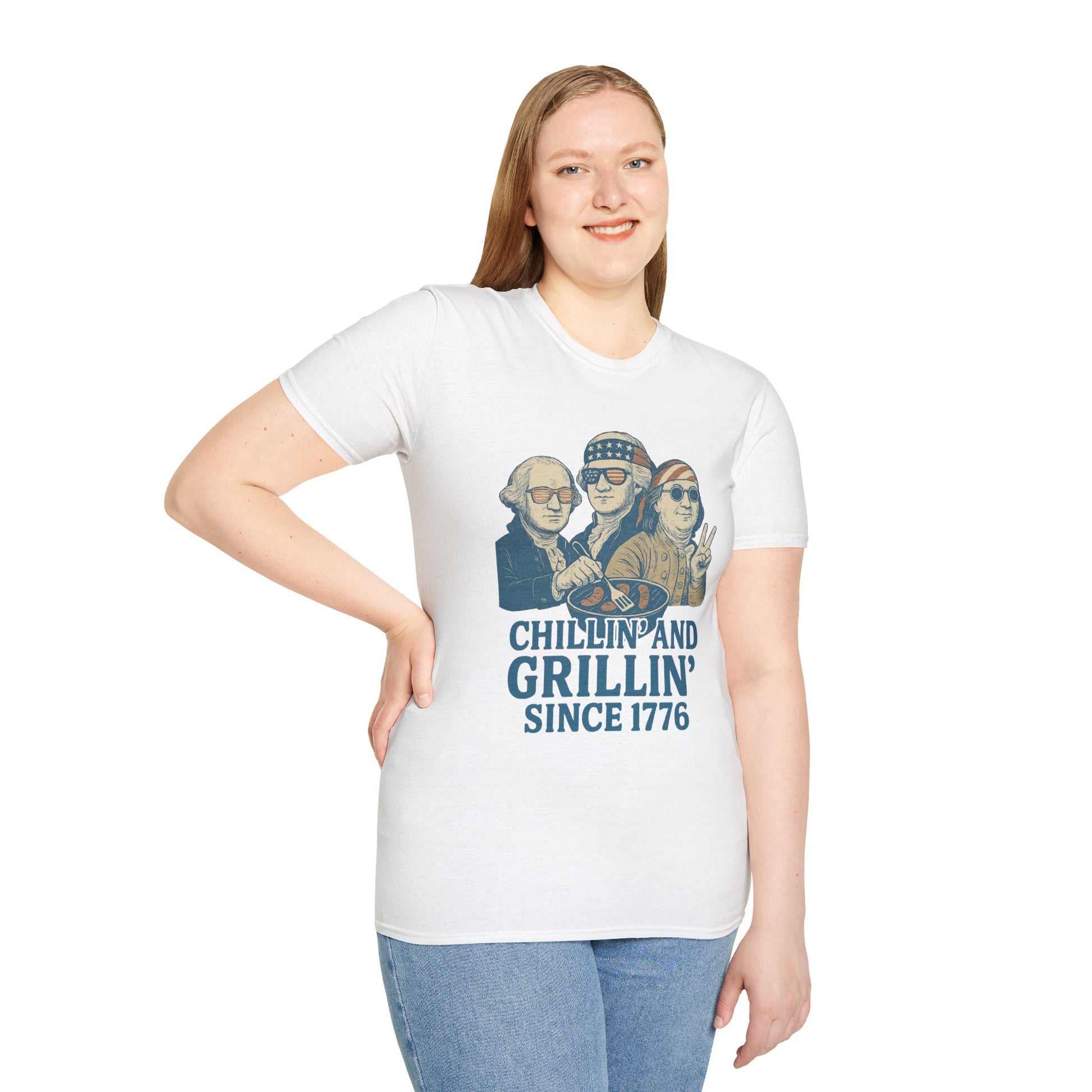 Printify vintage 4th of July t-shirt with Chillin and Grillin design worn by smiling woman