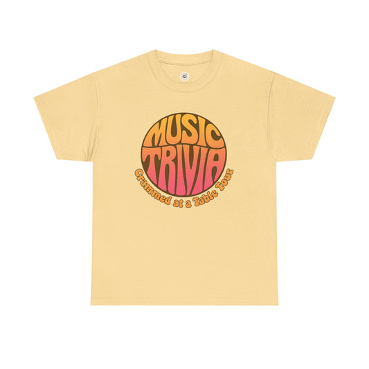 Printify beige vintage music trivia t-shirt with retro circle graphic and text design