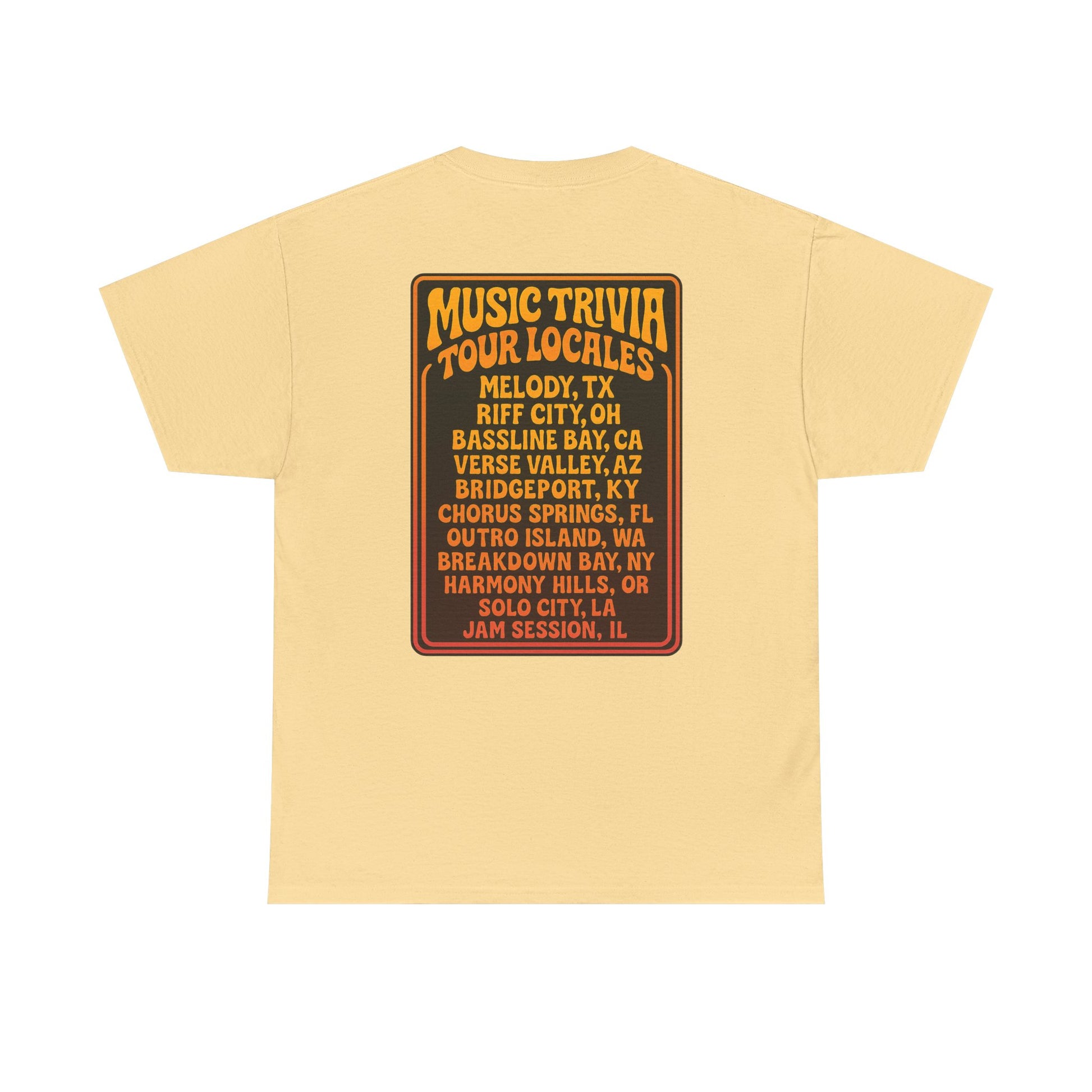 Printify vintage music trivia t-shirt in beige with colorful tour locales graphic on the back