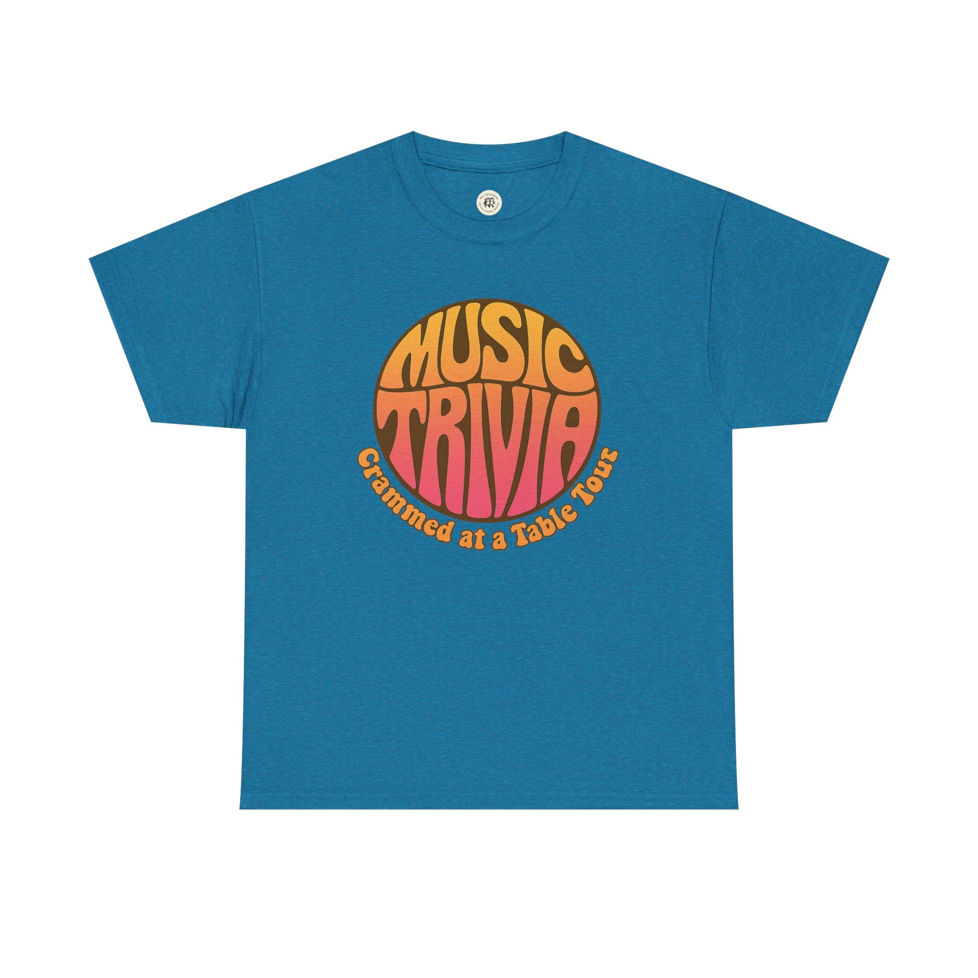 Printify vintage music trivia t-shirt in blue with retro orange and pink graphic design