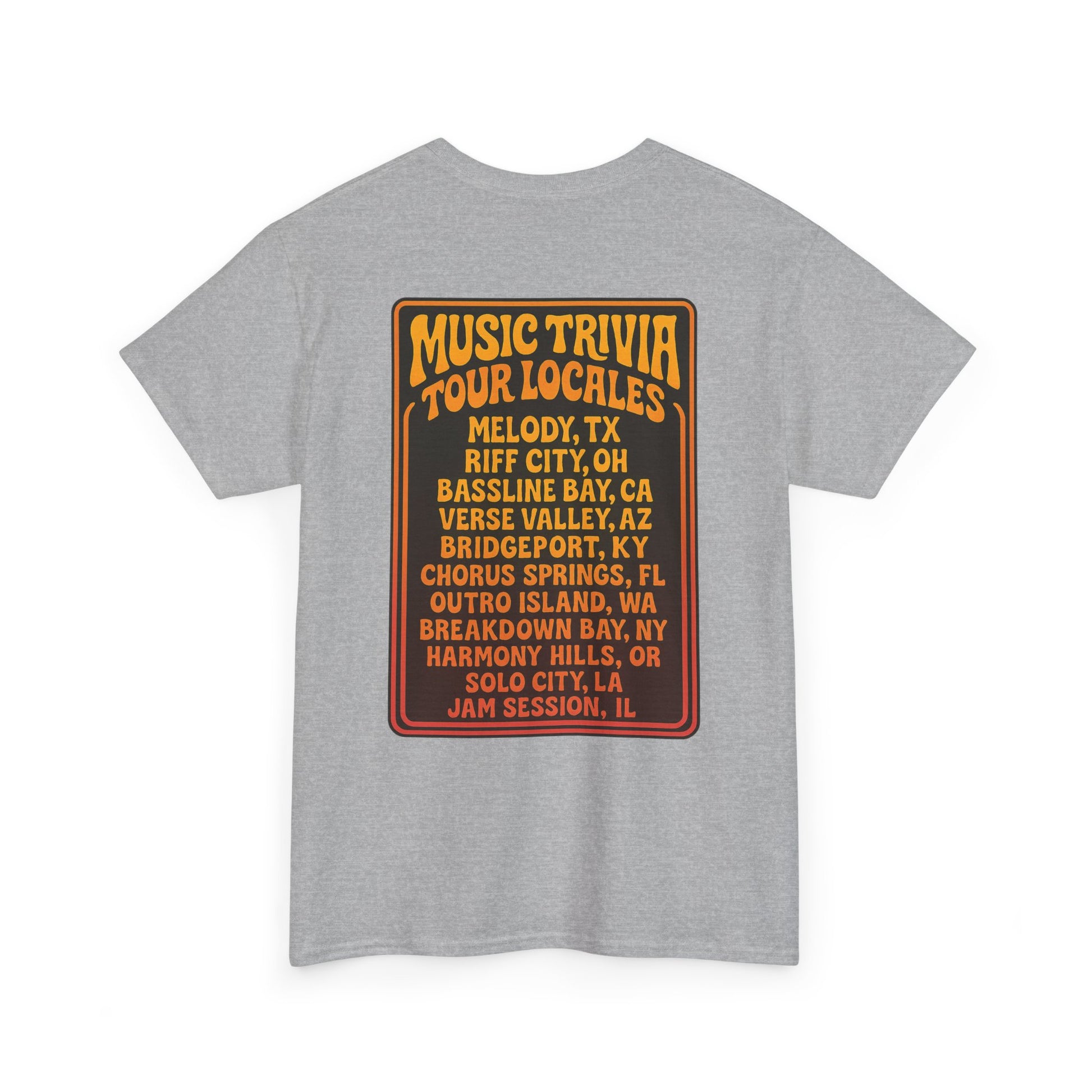 Printify vintage music trivia t-shirt in gray with colorful music trivia tour locales design on the back