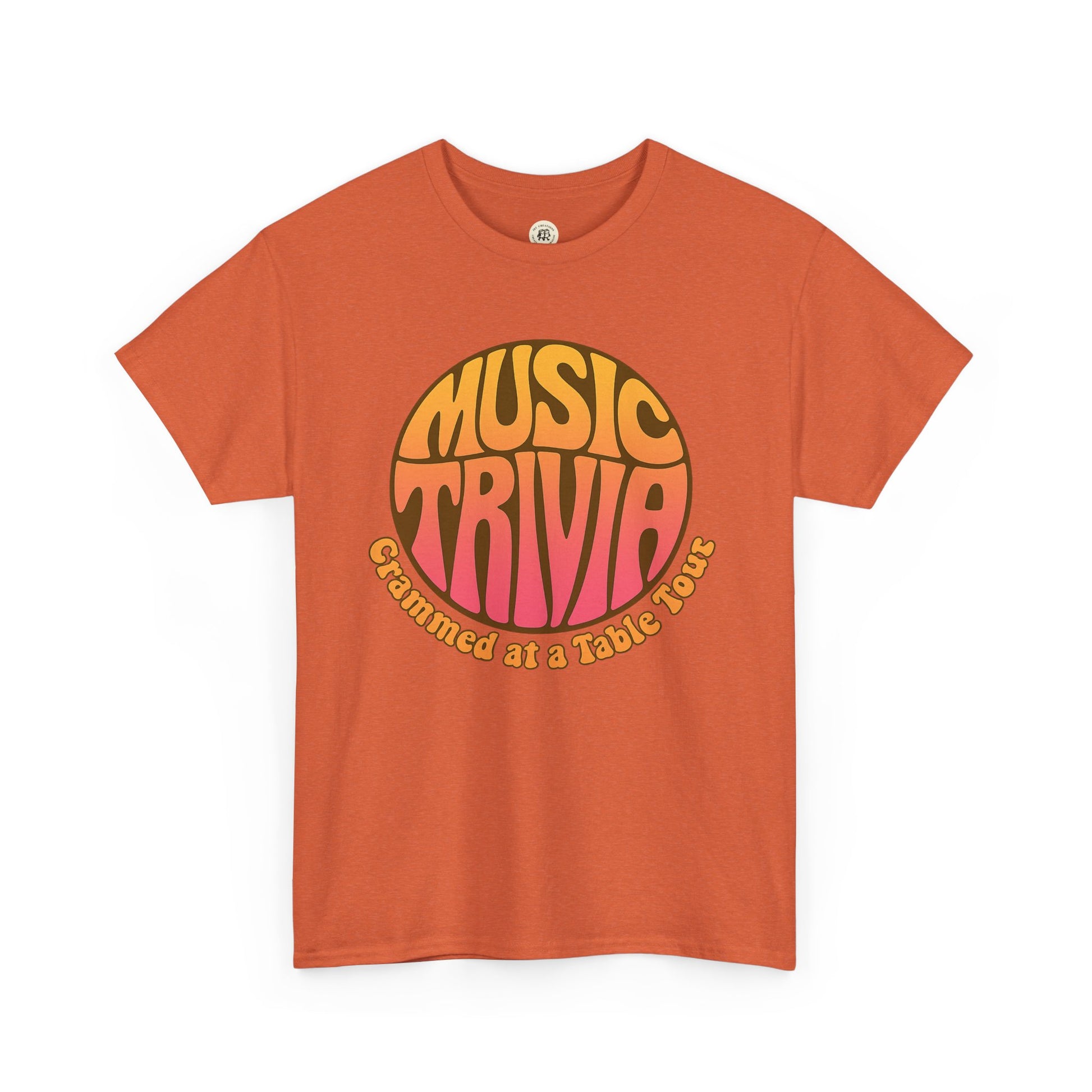 Vintage music trivia t-shirt in orange with retro style text design and round neck