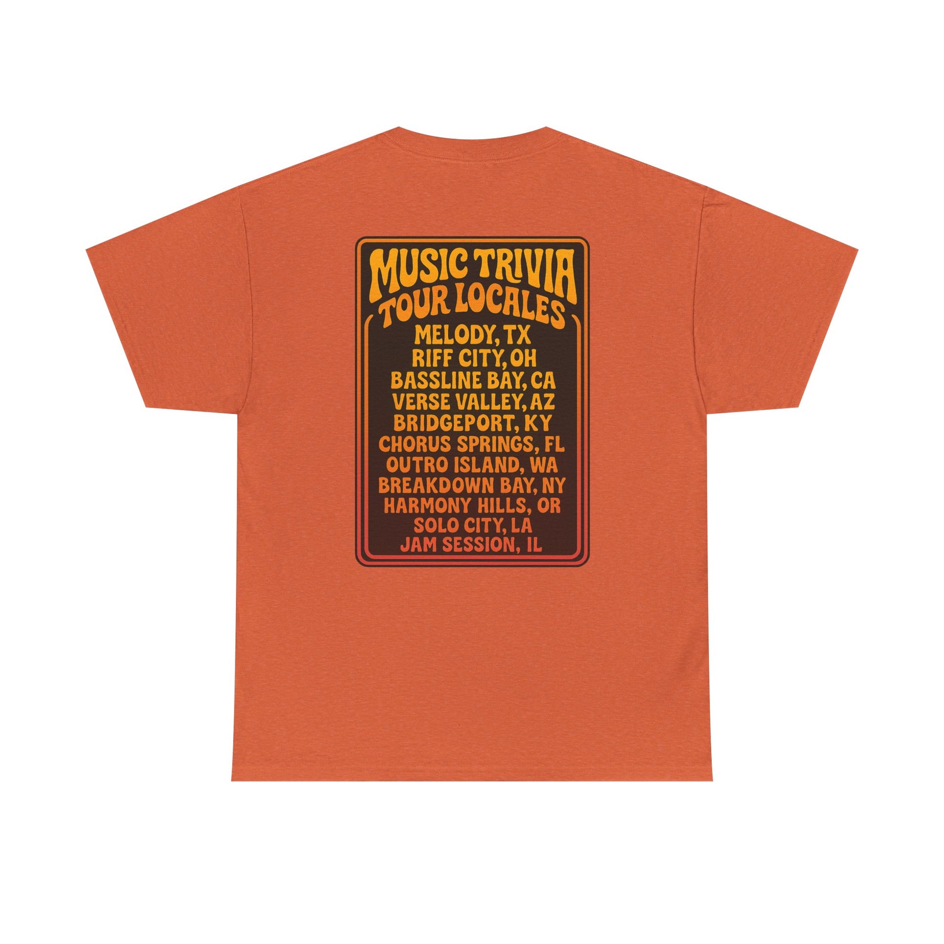 Orange vintage music trivia t-shirt by Printify with music trivia tour locales printed on the back
