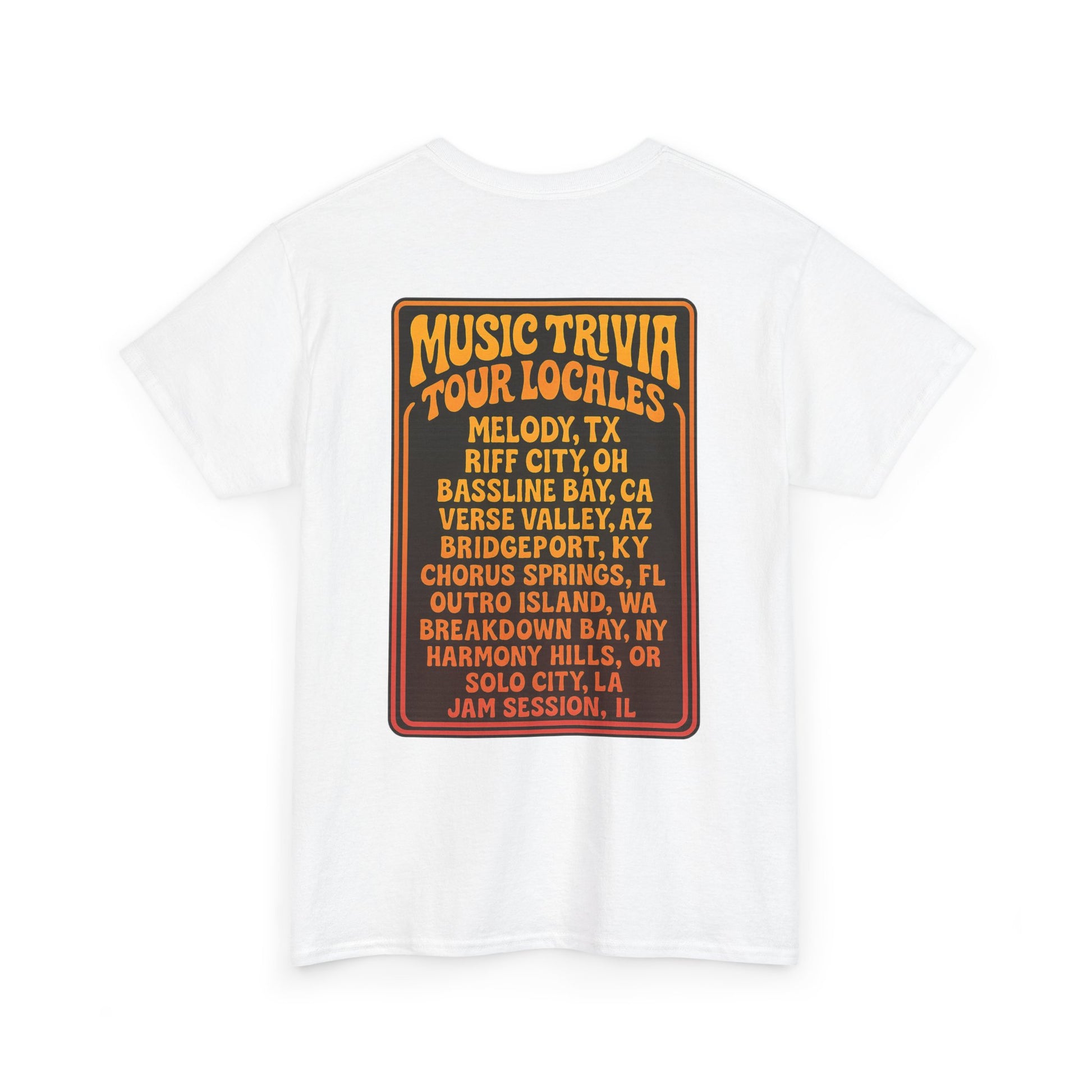 Printify vintage music trivia t-shirt in white with retro music trivia tour locales design on the back