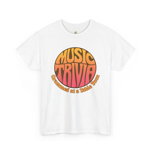 White vintage music trivia t-shirt with colorful retro text design from Printify