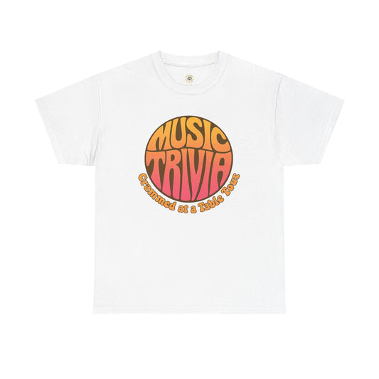 White vintage music trivia t-shirt with retro orange and pink circular design by Printify