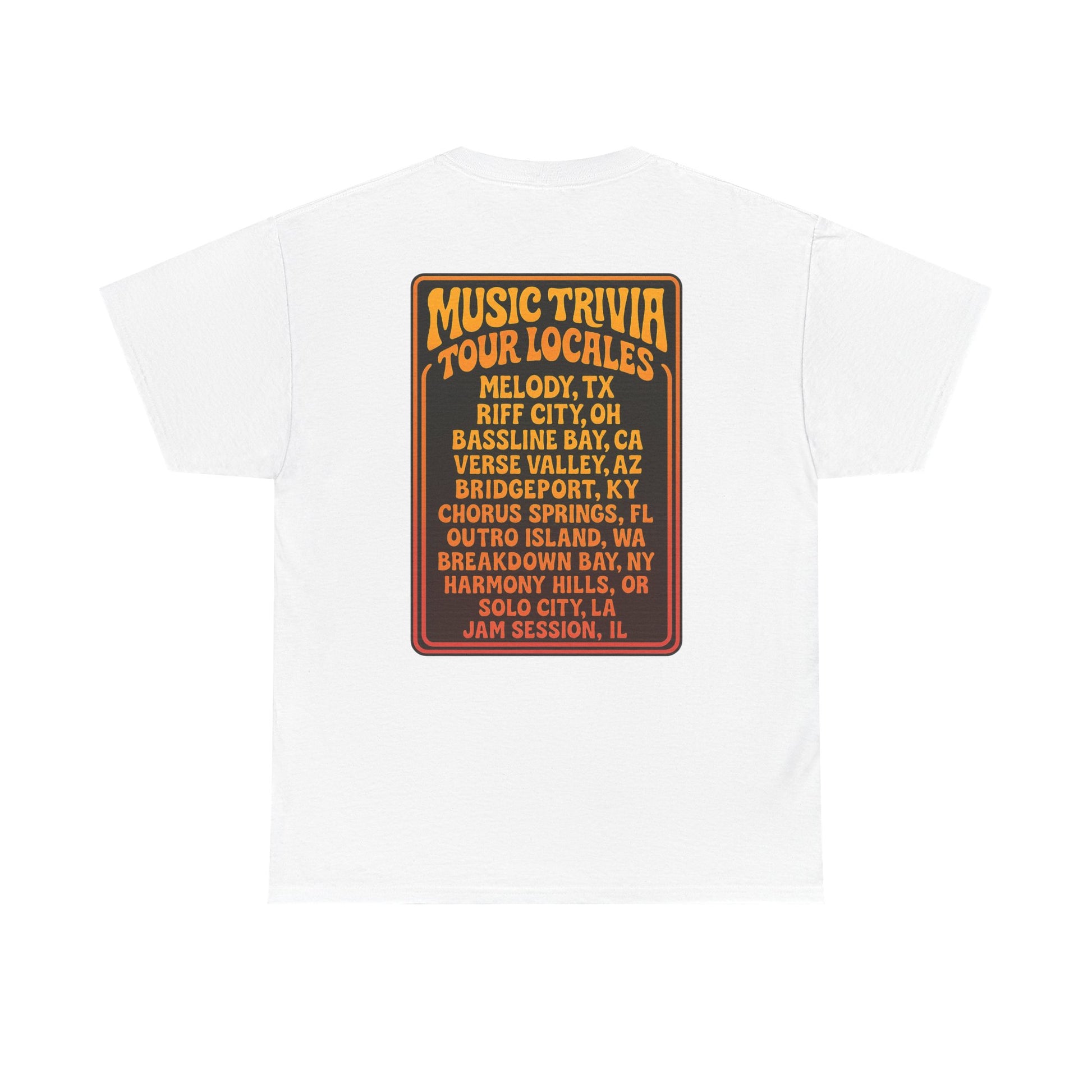 White vintage music trivia t-shirt with colorful tour locales graphic on back by Printify
