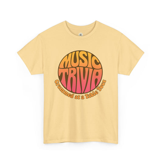Printify vintage music trivia t-shirt in beige with retro orange and yellow circle graphic design