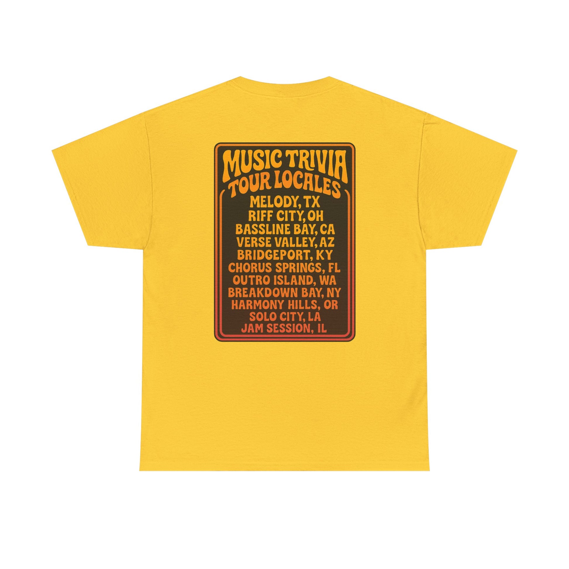 Yellow vintage music trivia t-shirt by Printify featuring tour locales graphic on back