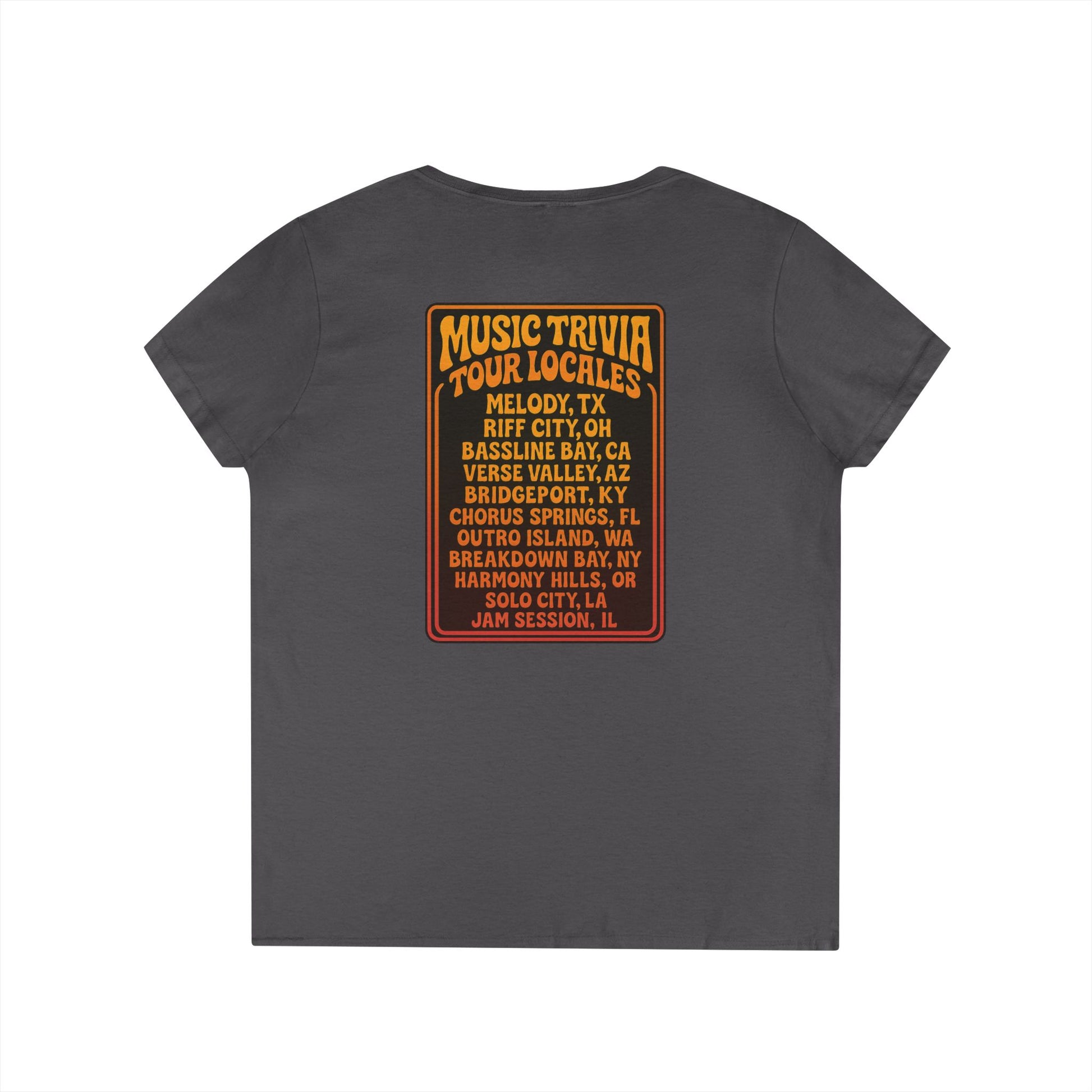 Printify vintage style music lover tee V-neck black shirt with music trivia tour locales design