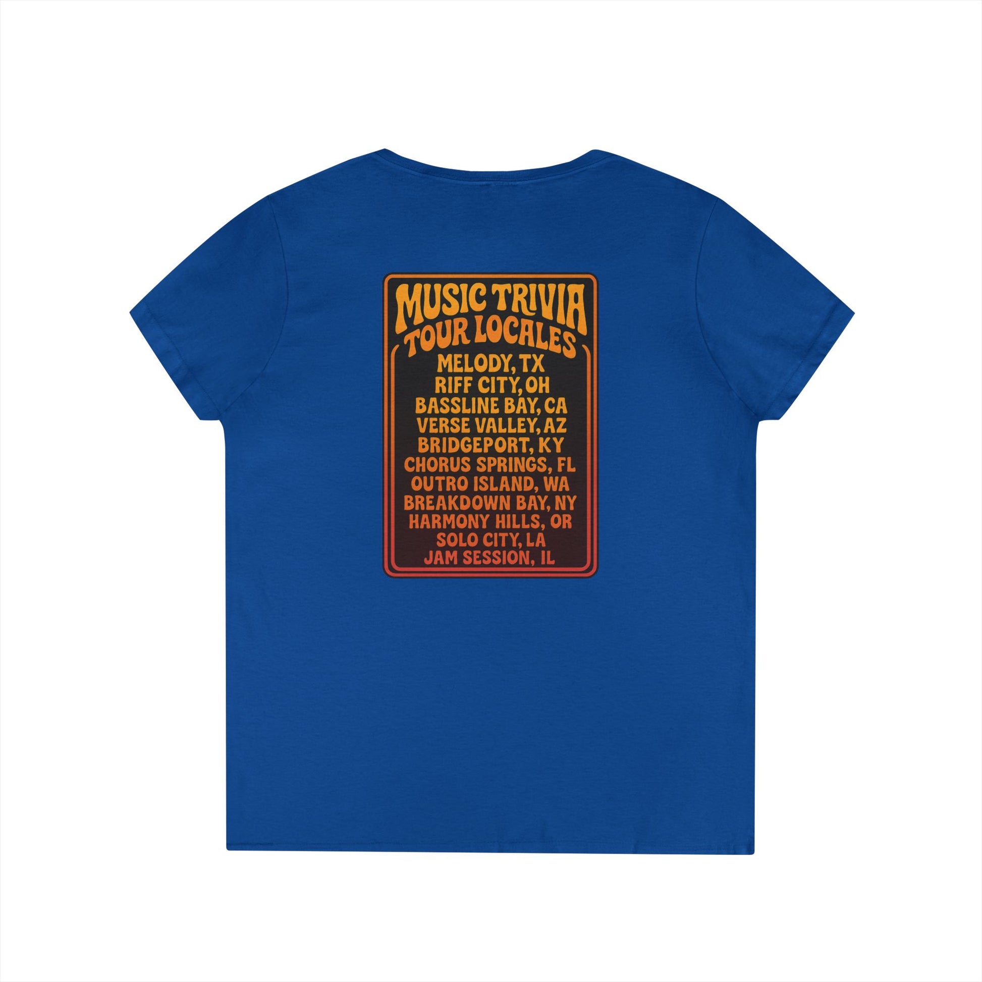 Blue V-neck vintage style music lover tee with music trivia tour locales graphic on back