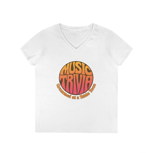 White V-neck vintage style music lover tee with colorful music trivia graphic on front