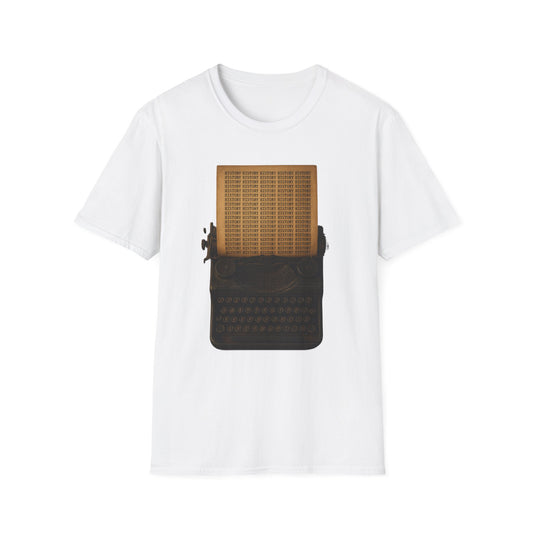 White Printify vintage typewriter t-shirt featuring a classic brown typewriter graphic on front