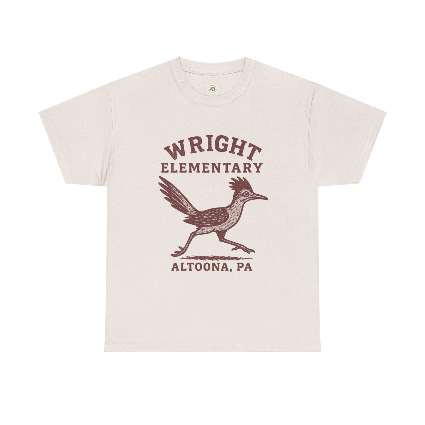 Wright Elementary school spirit shirt with brown roadrunner graphic and text on cream T-shirt