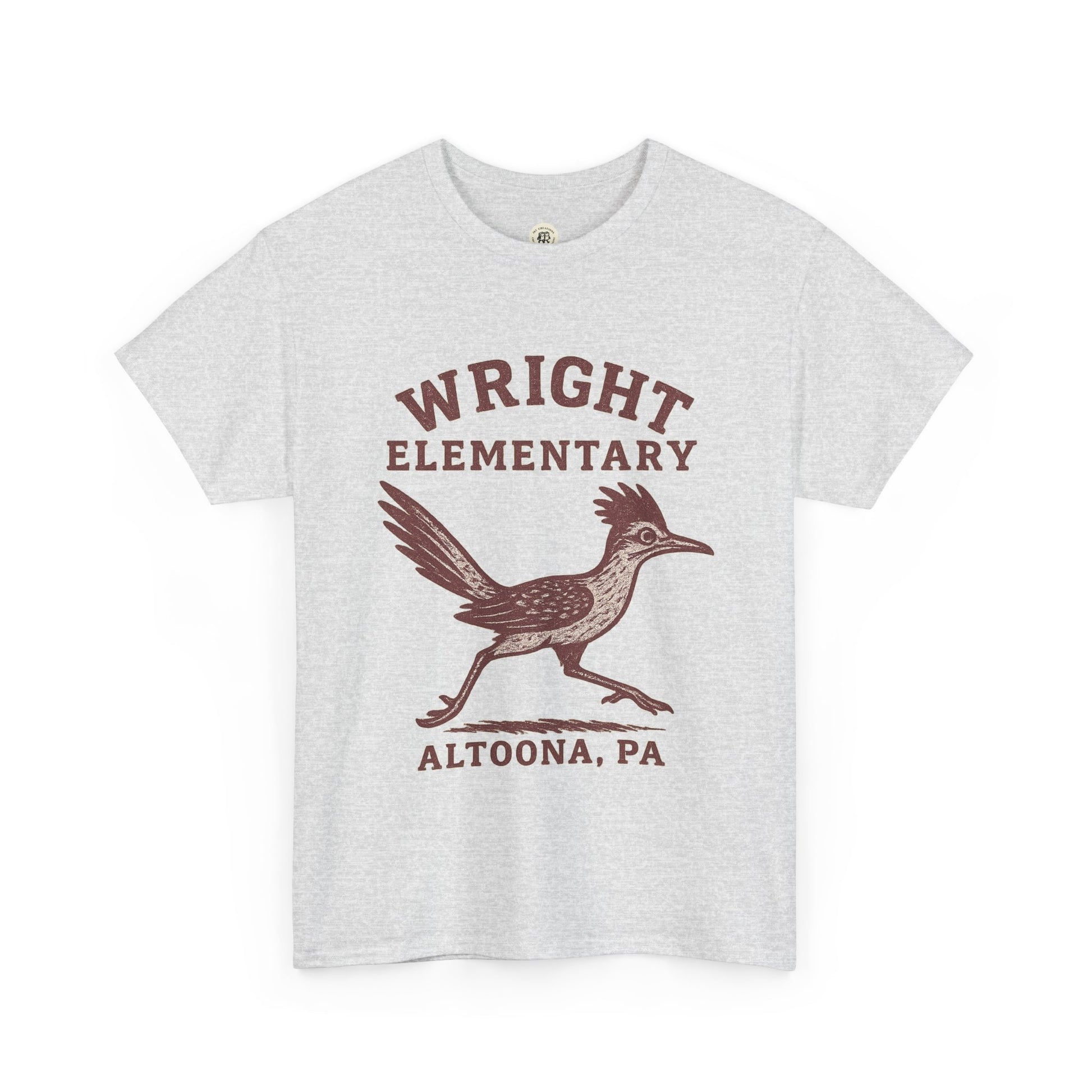 Light gray Wright Elementary school spirit shirt with brown roadrunner mascot print from Printify