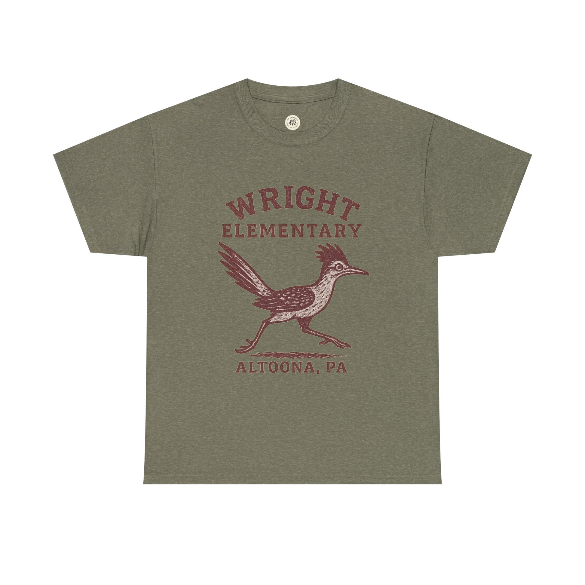 Wright Elementary school spirit shirt with bird mascot print in maroon on olive green t-shirt