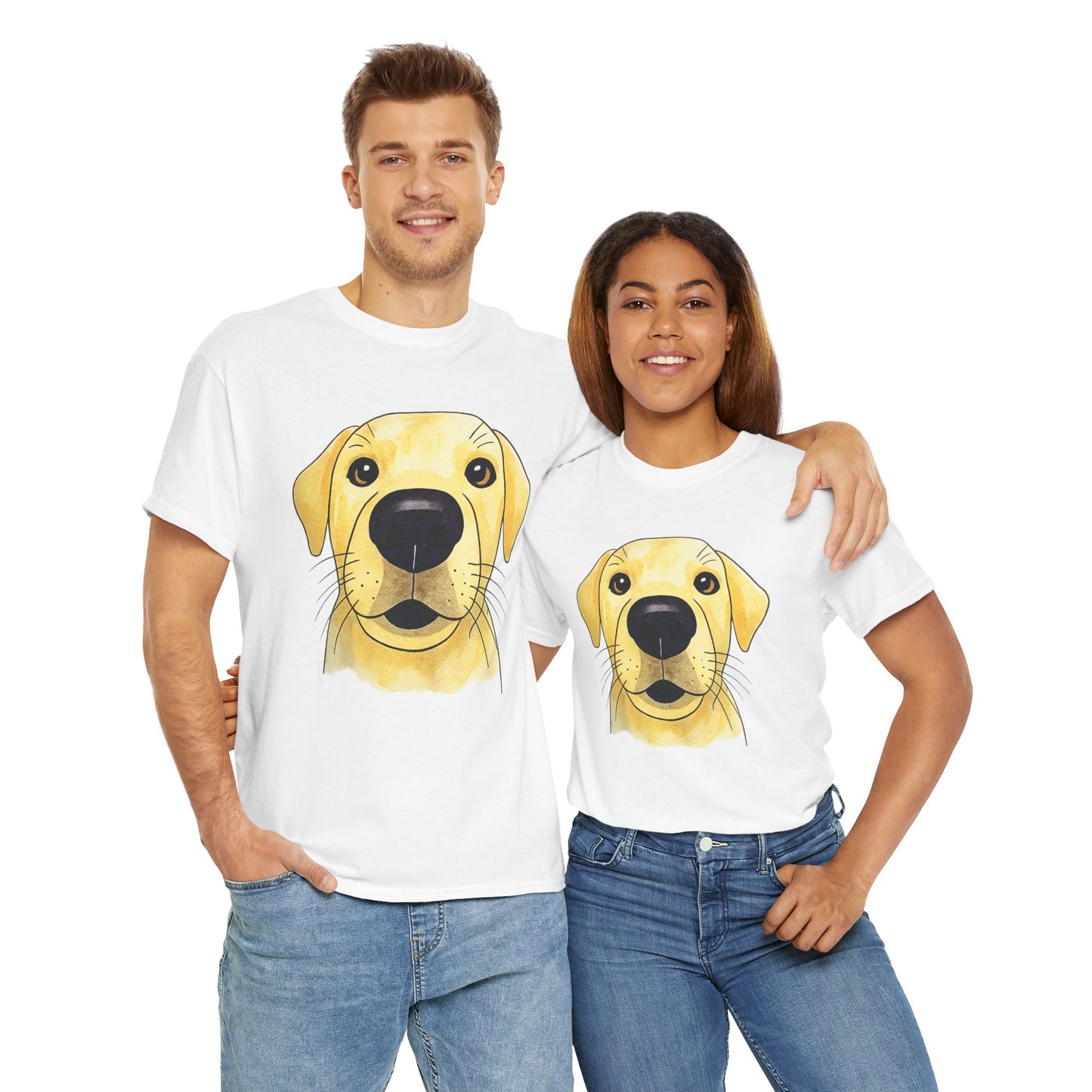 Printify yellow labrador t-shirt worn by smiling man and woman with yellow labrador face graphic