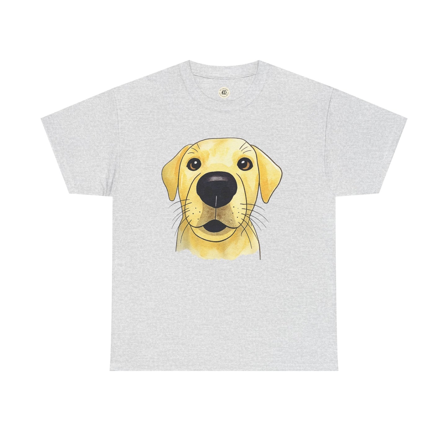 Printify gray t-shirt featuring a yellow labrador t-shirt design with a cute dog face graphic