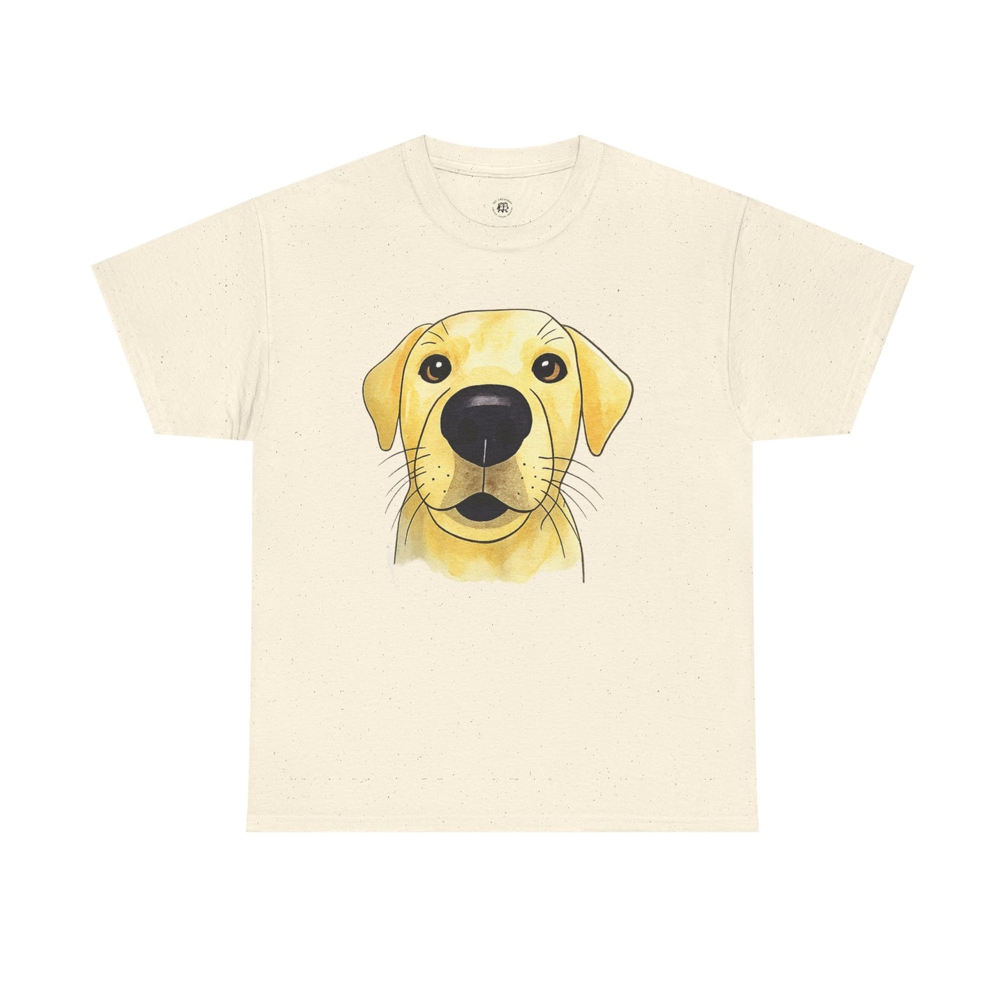 Cream t-shirt featuring a watercolor illustration of a yellow labrador dog face printed by Printify