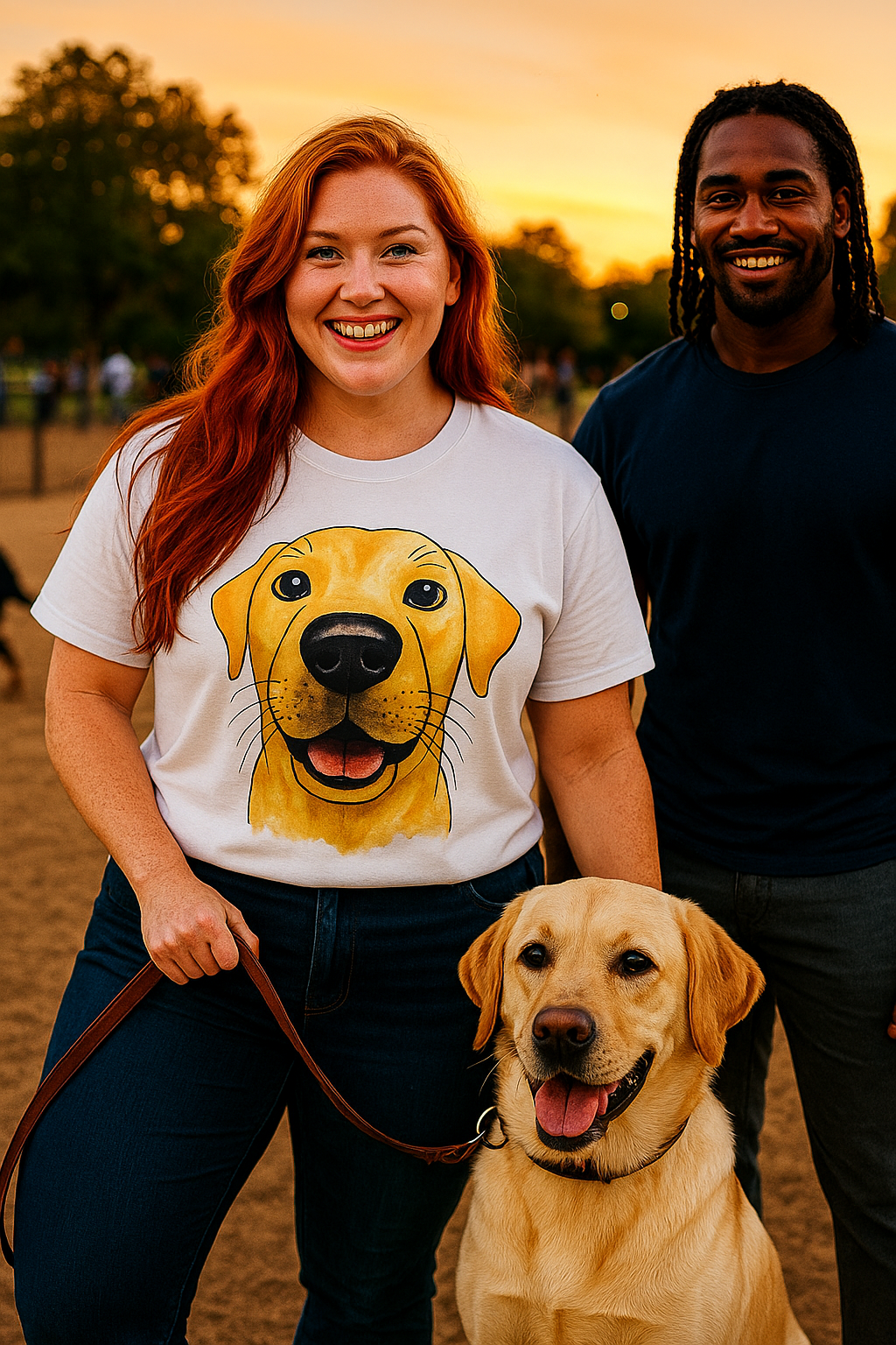 Woman wearing white yellow labrador t-shirt featuring a large dog face print holding a leash of a real yellow labrador dog