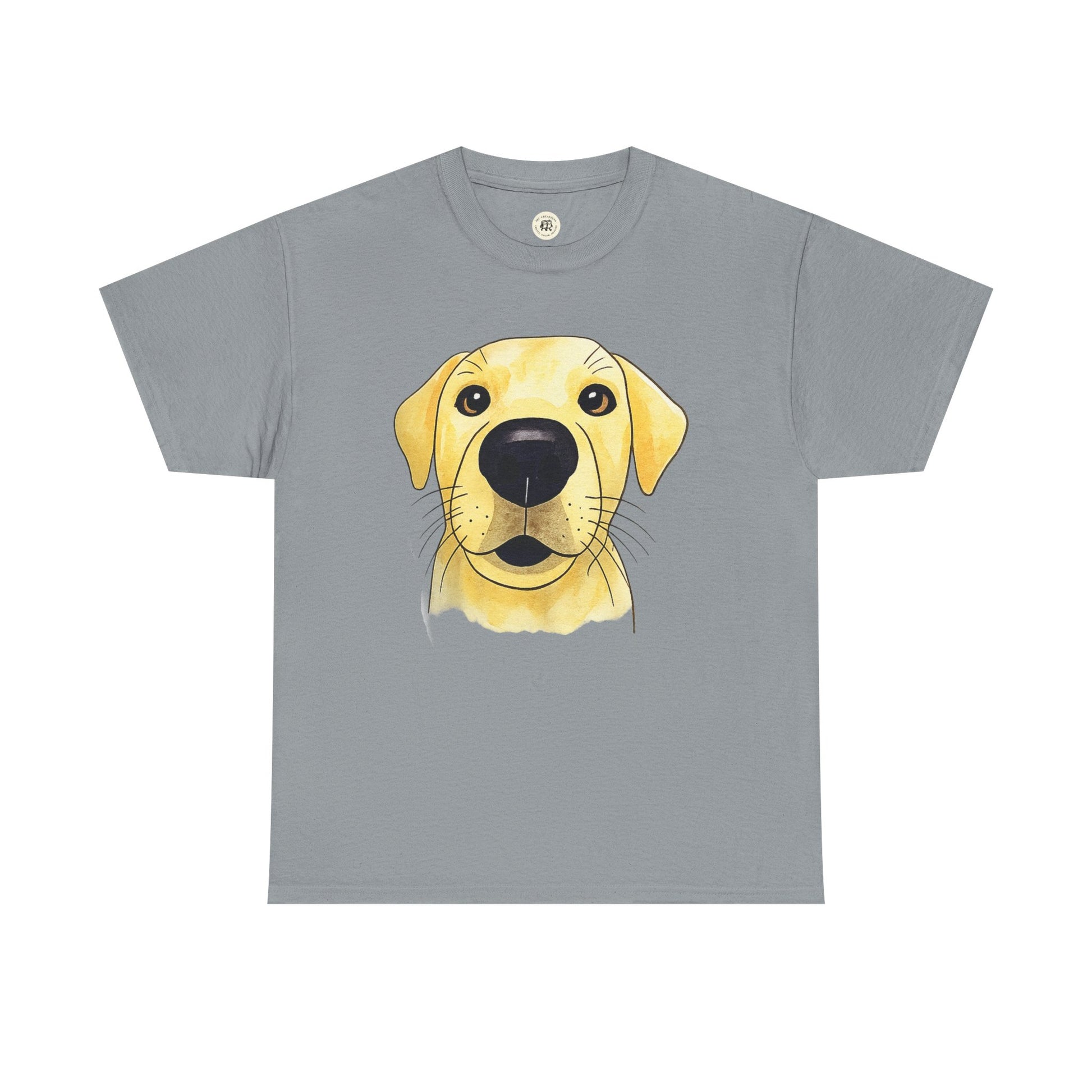 Gray Printify t-shirt featuring a yellow labrador t-shirt design with a cute dog face