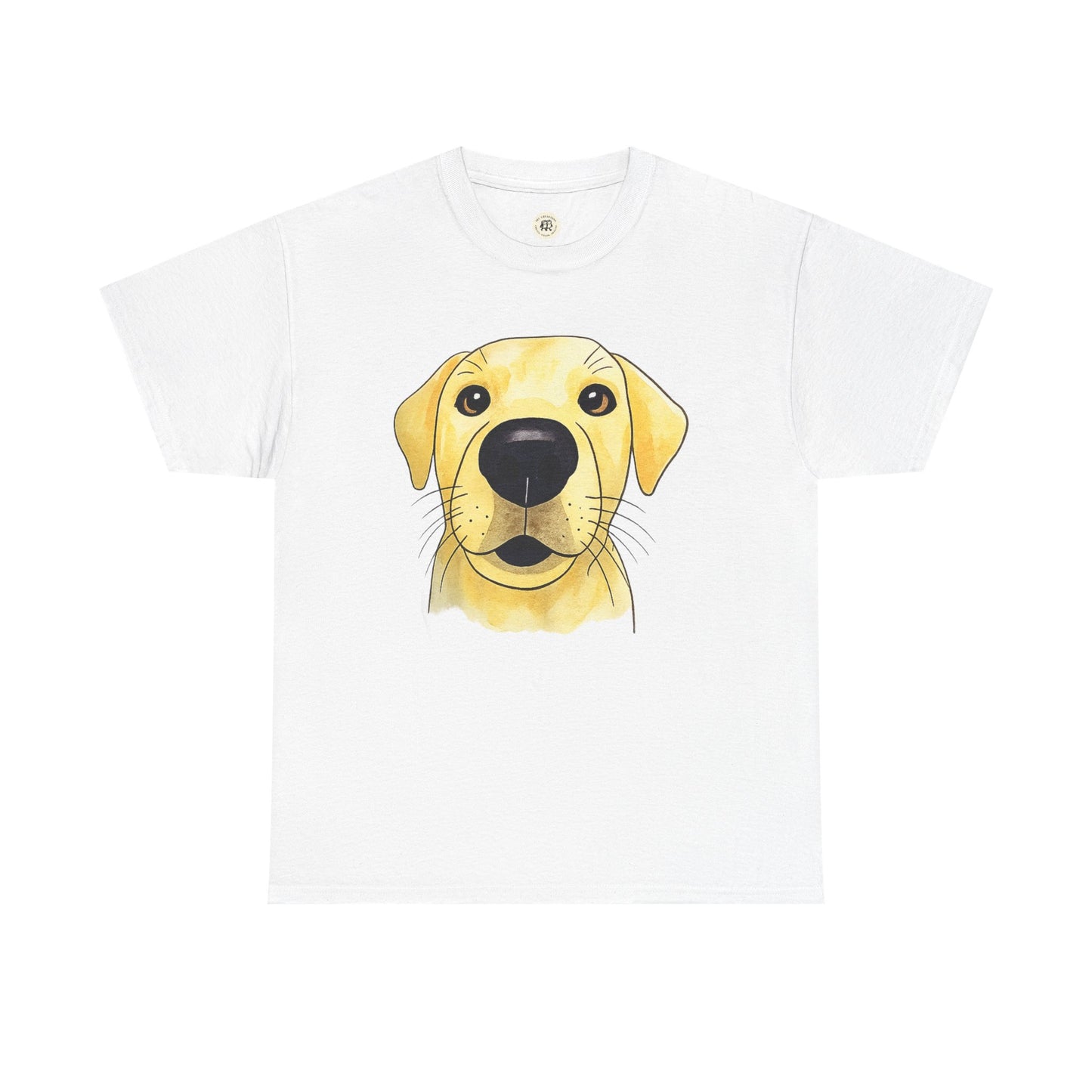 White Printify t-shirt featuring a cute yellow labrador t-shirt design with a large dog face graphic