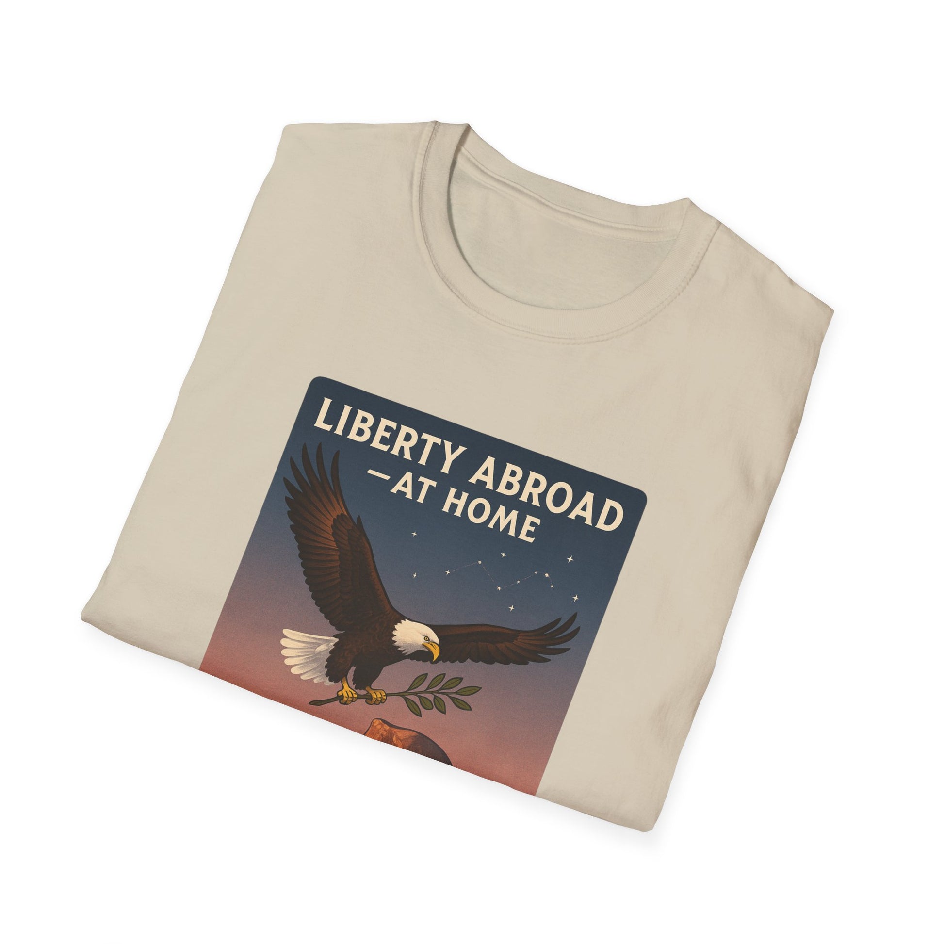 Beige Yosemite eagle USA flag shirt featuring a flying eagle with liberty abroad design