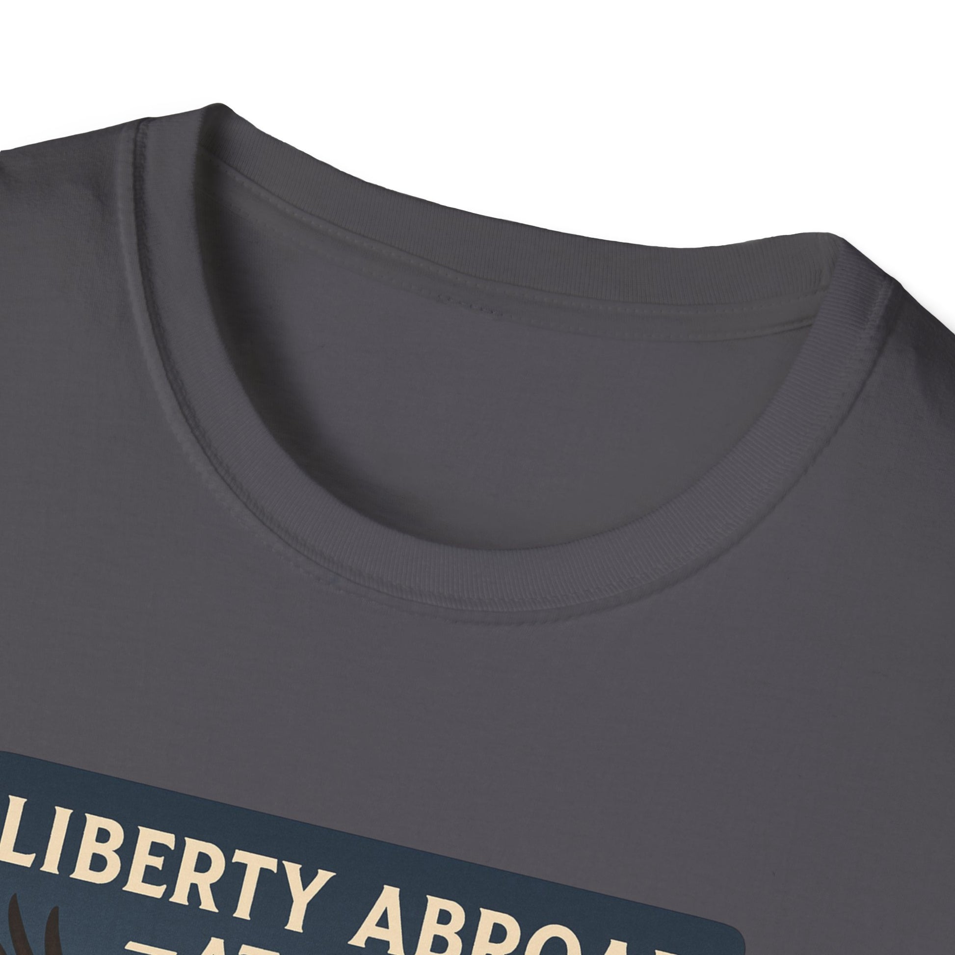 Close-up of dark gray T-shirt collar featuring Yosemite eagle USA flag shirt design from Printify