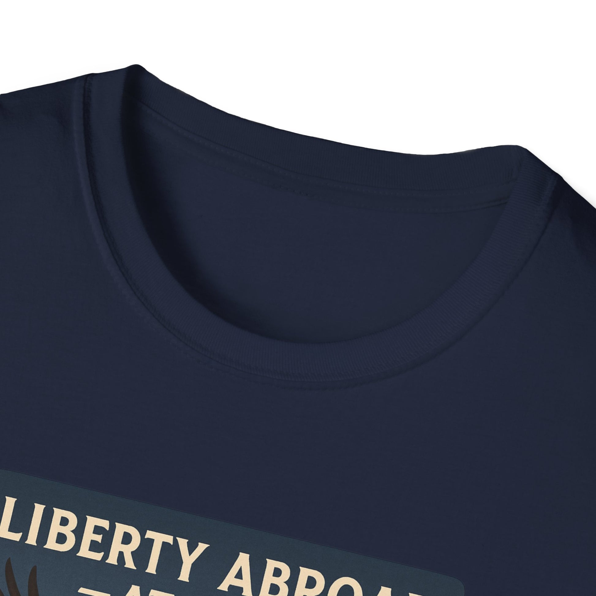 Navy blue Printify T-shirt featuring Yosemite eagle USA flag shirt design on front
