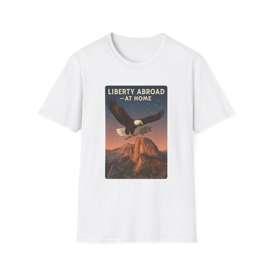 White Printify T-Shirt featuring Yosemite eagle USA flag shirt design with eagle flying over mountain at sunset